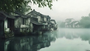 阴雨无人静谧水乡古城