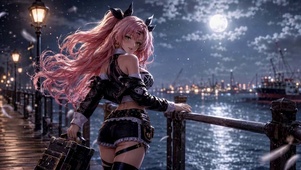 月夜海边粉发二次元美少女