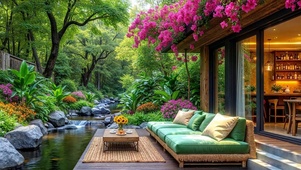 山间绿色溪水小屋