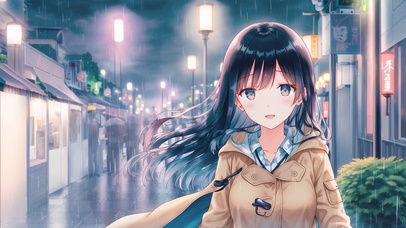 清纯夜晚雨中街道少女