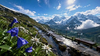晴日雪山溪流步道风景