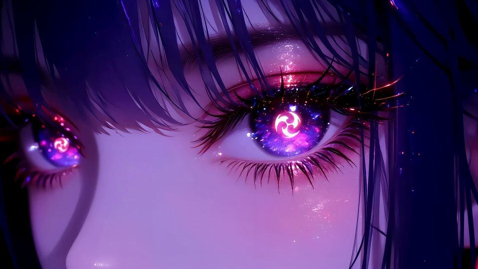 紫粉色动漫少女眼部特写，瞳孔呈三勾玉发光纹样，周围是深紫色齐刘海发丝，点缀细碎光点。