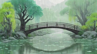 绿柳古桥细雨