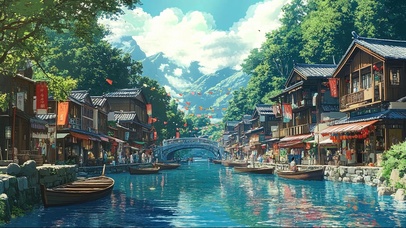 夏日国风小镇溪流木屋