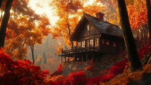 秋日朦胧森林唯美木屋