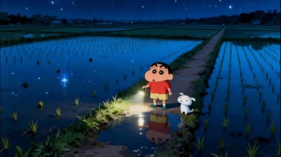 夏夜水田打手电的小新
