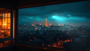 阴天窗外的城市建筑