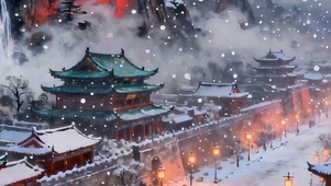 雪景树木古风城楼带鱼屏宽屏