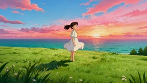 海边看晚霞的女孩