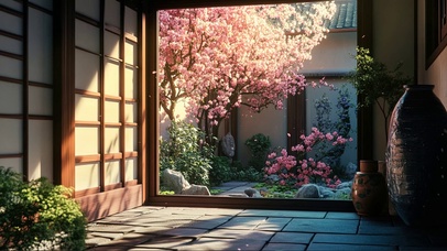 午后阳光春日樱花庭院