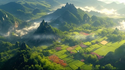 俯瞰绿色山脉田园