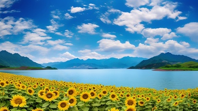 美丽湖边向日葵花海