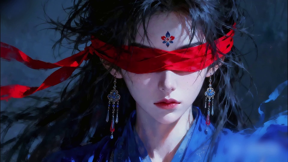 红纱蒙眼的古风女子近景，额间饰红蓝花钿，黑发飞散，佩戴流苏蓝红坠耳饰