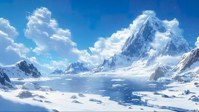 蓝天阳光清新雪山湖泊