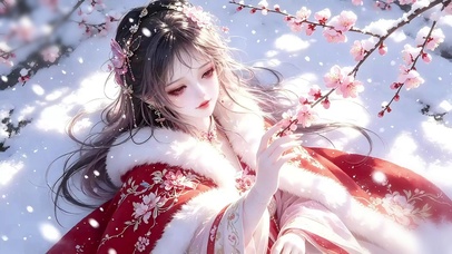 雪中赏梅的古风红衣少女