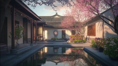 黄昏唯美庭院池塘光影