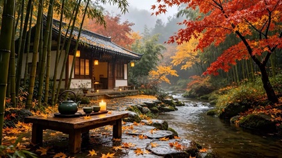 秋天竹林溪边木屋