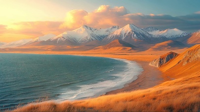 落日秋季雪山湖泊