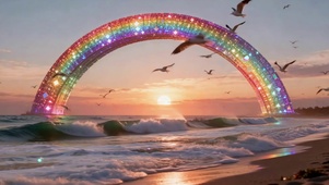 海边日落梦幻彩虹拱门