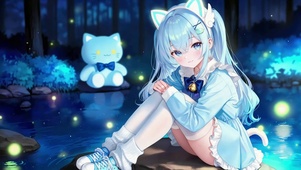蓝发猫耳少女 林间溪流之夜