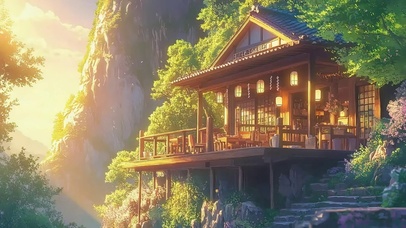 黄昏落日山林静谧木屋