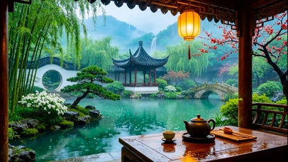 国风园林雨景