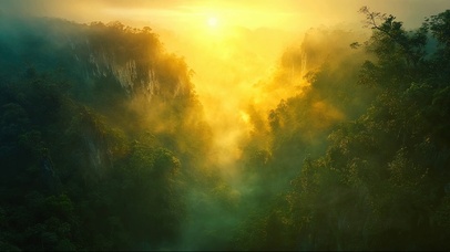 日出晨雾峰林峡谷