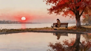 晚霞枫叶树下女孩