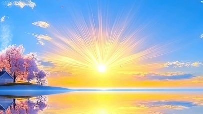 护眼蓝天白云樱花树木海景带鱼屏