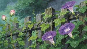 雨天篱笆牵牛花