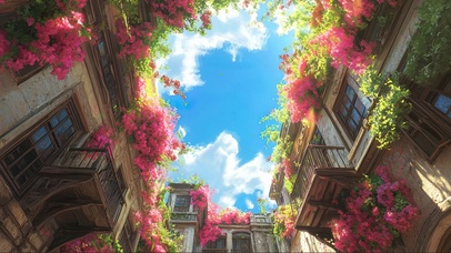 仰望夏日鲜花城市建筑