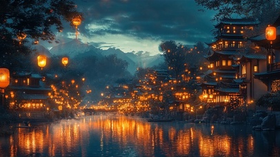 傍晚古城水乡村庄夜景