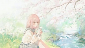 落樱溪流与捧蝶的少女