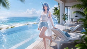 海边度假蓝发少女清宵