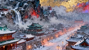 雪景树木古风城楼