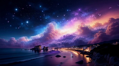 夜景下树木房屋海景