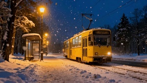 冬日雪天深夜车站最后一班电车