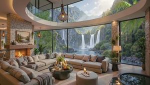 客厅窗外瀑布景