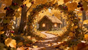 秋日小屋落叶走廊治愈风景