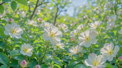 清新唯美春日白花林间