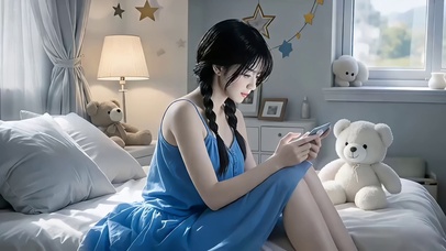 在床边玩手机的着蓝色睡衣美女