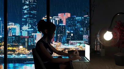 夜晚雨天玩电脑