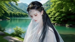 湖畔白纱衣蒙脸仙气美人1