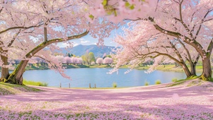 樱花树下粉色湖畔