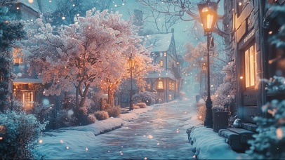 傍晚静谧小雪城市街道