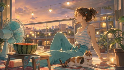 夏日傍晚阳台少女与猫