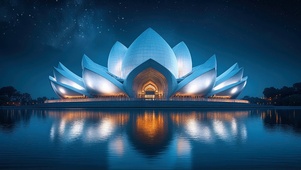 纯净星夜湖畔莲花建筑