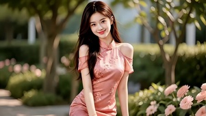 花丛前的粉色旗袍美女