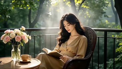 林间别墅阳台看书喝茶的美女