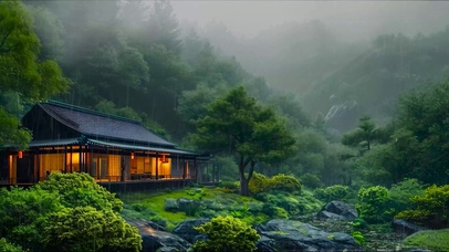 山间云雾雨天木屋 
